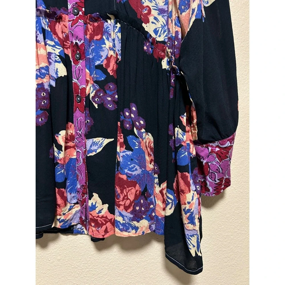 Free People Size XS Shirt Dress Oversized Floral Button Tunic Black‎ Purple Boho